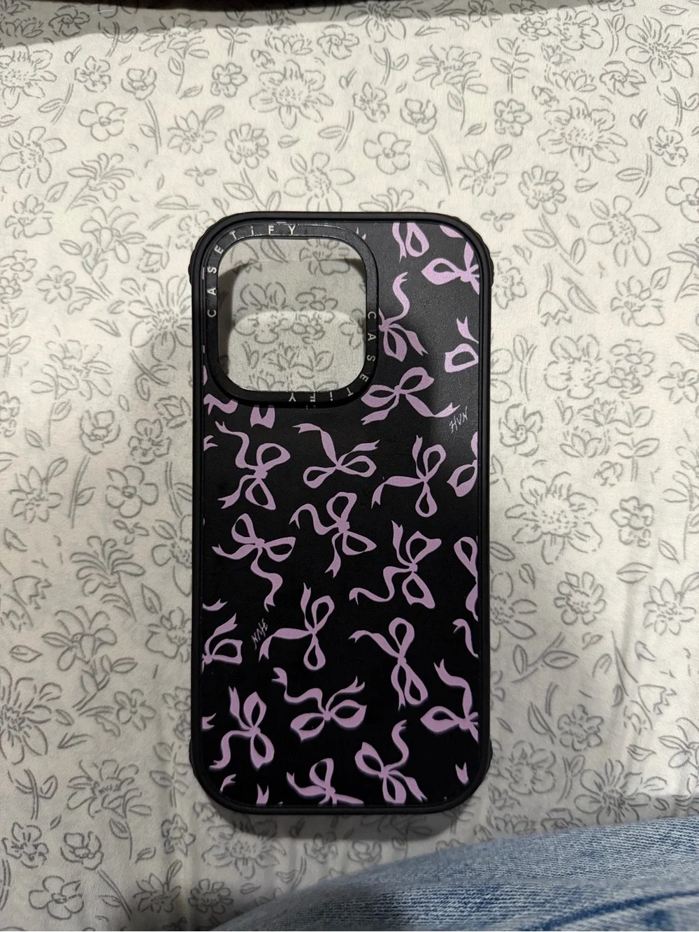 CASETIFY - Black Phone Case with Purple Bow Pattern - Stylish Protective Cover
